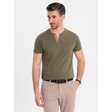 Ombre Men's T-shirt with button neckline and suede trim - dark olive | Shoptok.si