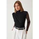  Women's Black Lace Sleeve Gathered Knitted Blouse | Shoptok.si