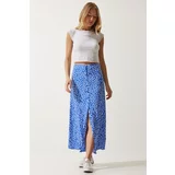 Happiness İstanbul Women's Blue Patterned Slit Viscose Skirt