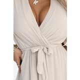 numoco basic 545-3 Long dress with pleated neckline and tie - beige | shoptok.hr