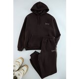 Trendyol Dark Brown Oversize/Wide Cut Elastic Leg Embroidered Fleece Inside Tracksuit Set cene