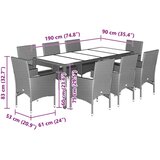  9-dijelni vrtni blagovaonski set s jastucima poliratan i staklo Siva 190 x 90 x 75 cm | shoptok.hr