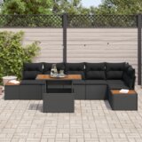 vidaXL 7-delna vrtna jedilna garnitura z blazinami Črn Poli Ratan Akacija | Shoptok.si
