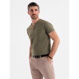 Ombre Men's T-shirt with button neckline and suede trim - dark olive | shoptok.hr
