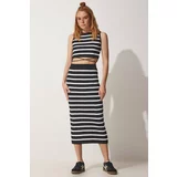 Happiness İstanbul Women's Black and White Striped Crop Summer Skirt Sweater Suit