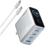 140W GaN zidni brzi punjac, 4-porta (3x USB-C i 1x USB-A) sa USB-C M/M pletenim kablom, srebrni