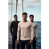 Trendyol Black-Grey-DryRose Men's 3-Pack 100% Cotton Long Sleeve Slim/Tight Cut Basic T-Shirt