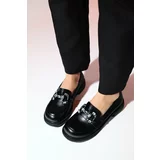LuviShoes NORMAN Black Skin Stone Buckle Women's Loafer Shoes