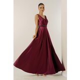 By Saygı V-Neck Thick Strap Waist Beaded Lined Wide Size Long Satin Dress Cene