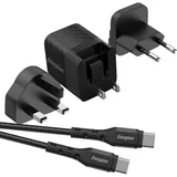 Omrežni polnilec GaN 4A USB-C večvtičnica EU / UK / US 20W s kablom, Črna, (5000007943)