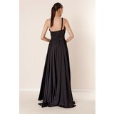 By Saygı Knitting Single Strap Waist Pleated Lined Long Slit Dress Black Cene