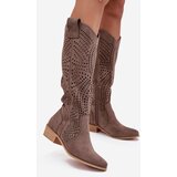 Boto Openwork Women's Knee-High Block Heeled Boots Dark Beige Fioris | shoptok.hr
