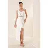 By Saygı One-Shoulder Lined Long Dress with Stone Detail Short on One Side, Ecru