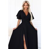 Numoco 581-7 JENNIFER długa suknia z rozcięciem na nogę, rękawkiem i dekoltem - czarna | Shoptok.si