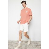 Trendyol Pale Pink Men's Relaxed/Comfortable Fit Crew Neck Text Printed Short Sleeve 100% Cotton T-Shirt Cene