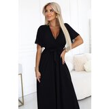 numoco basic 545-5 Long dress with pleated neckline and tie - black | shoptok.hr