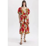 Defacto V-Neck Floral Poplin Raglan Sleeve Midi Short Sleeve Dress
