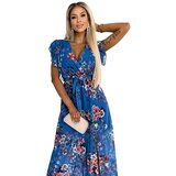 numoco basic 473-1 ARIA Długa sukienka z dekoltem i krótkim rękawkiem - NIEBIESKA w kwiaty | shoptok.hr