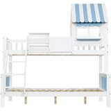 Lumor Postelja na dveh nadstropjih 90x200 cm + 120x200 cm - masivni les - z ograjami, v obliki strehe, bela + modra, (22156094) | Shoptok.si