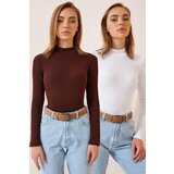 Happiness İstanbul Women's Dark Brown White 2-Pack Ribbed Turtleneck Knitted Blouse Cene