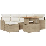 vidaXL 7-delna vrtna sofa garnitura z blazinami Bež poli ratan akacija, 2-sedežna vrtna sofa z blazinami Bež poli ratan | Shoptok.si