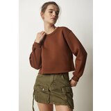 Women's Brown Crew Neck Raised Crop Knitted Sweatshirt | Shoptok.si