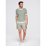 Ombre Men's knitted t-shirt with navy stripes and openwork weave - olive and white | shoptok.hr