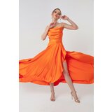 Lafaba Women's Orange Satin Evening &; Prom Dress with Ruffles and a Slit Cene
