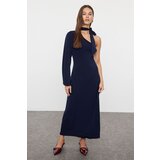 Trendyol Navy Blue Plain Scarf Detailed Fitted Flexible Knitted Dress Cene