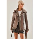 Bianco Lucci Women's Belt Detail Wood Bark Laminated Roder Coat