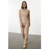 Trendyol Camel Side Slits Regular/Normal Cut Crew Neck Knitted Bottom-Top Set