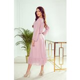 Numoco 304-1 Chiffon midi dress with a neckline and frill - dirty pink | Shoptok.si