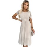 numoco basic 465-2 MIA Plisowana sukienka midi z szerokim paskiem - BEŻOWA | Shoptok.si