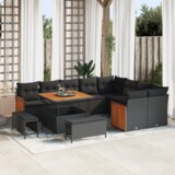 vidaXL 12-delni vrtni kavč set z blazinami, črn poli ratan, akacija | Shoptok.si