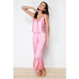 Trendyol Pink Flounce Detailed Capri Satin Woven Pajamas Set Cene