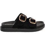 Shelvt Women's black flip-flops with gold buckles u