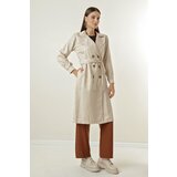 By Saygı Notched Collar Waist Belted, Pocket Soft Cotton Trench Coat. Cene