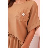 Kesi Włoski Women's viscose set with decorative flower and wide trousers - camel | shoptok.hr