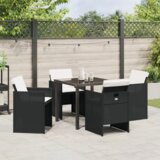 vidaXL set od 5 komada za objedovanje u vrtu s jastučićima crni poli ratan, vrtni stol crni 80x80x73 cm kaljeno staklo | shoptok.hr