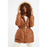 Trendyol Camel Belted Fur Hooded Quilted Inflatable Coat Cene