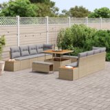 vidaXL 11 delni vrtni kavč set z blazinami Bež Poli Ratan Akacija | Shoptok.si