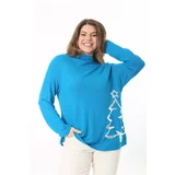 Şans Women's Plus Size Blue High Neck Lacquer Printed Tunic