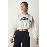  Women's Ecru Printed Raised Crop Knitted Sweatshirt | Shoptok.si