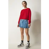 Happiness İstanbul Women's Red Crew Neck Raised Crop Knitted Sweatshirt