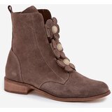 Zazoo Suede Women's Ankle Boots with Decorative Flowers 3085 Dark Beige | Shoptok.si