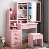 LEAN 31859 kozmetički toaletni stol s ogledalom, ladicama i tabureom 80 × 36 × 131 cm – ružičasti | shoptok.hr