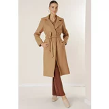 By Saygı Side Pockets, Inner Lined Waist Belted Lapel Straight Cut Imported Cachet Coat