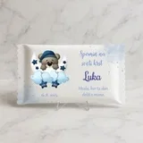 Sladka darilca za krst - velike personalizirane krstne čokoladice z medvedkom, oblakom in modro pisavo KRDAR 620-03
