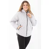 Şans Women's Plus Size Gray Front And Pocket Zippered Hooded Lined Quilted Coat