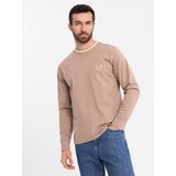 Ombre Men's cotton longsleeve with striped U neckline and embroidery - brown | ePonuda.com
